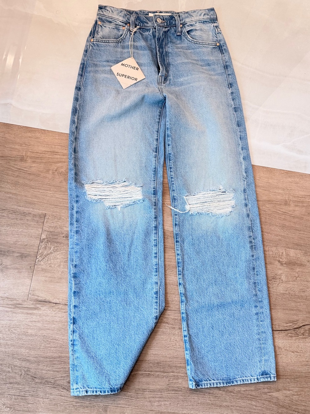 MOTHER Light Blue Straight-Leg Distressed Jeans